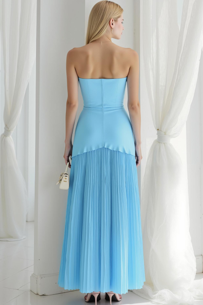 Modecrush Sheath Sky Blue Strapless Pleated Long Wedding Guest Dress 