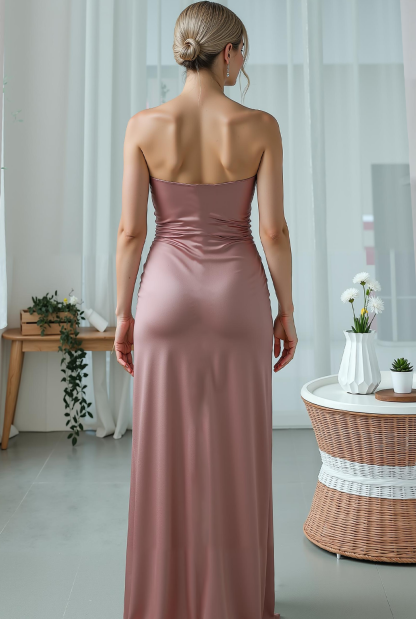 Modecrush Sheath Dusty Rose Strapless Long Wedding Guest Dress with Slit