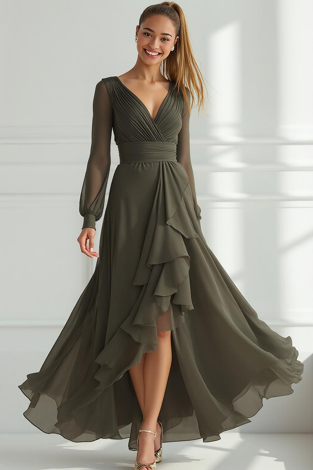 Modecrush A-Line Grey Green V-Neck Long Sleeves Formal Dress with Slit