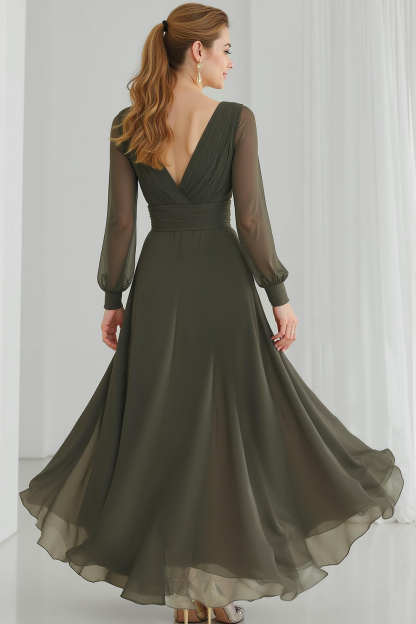 Modecrush A-Line Grey Green V-Neck Long Sleeves Formal Dress with Slit
