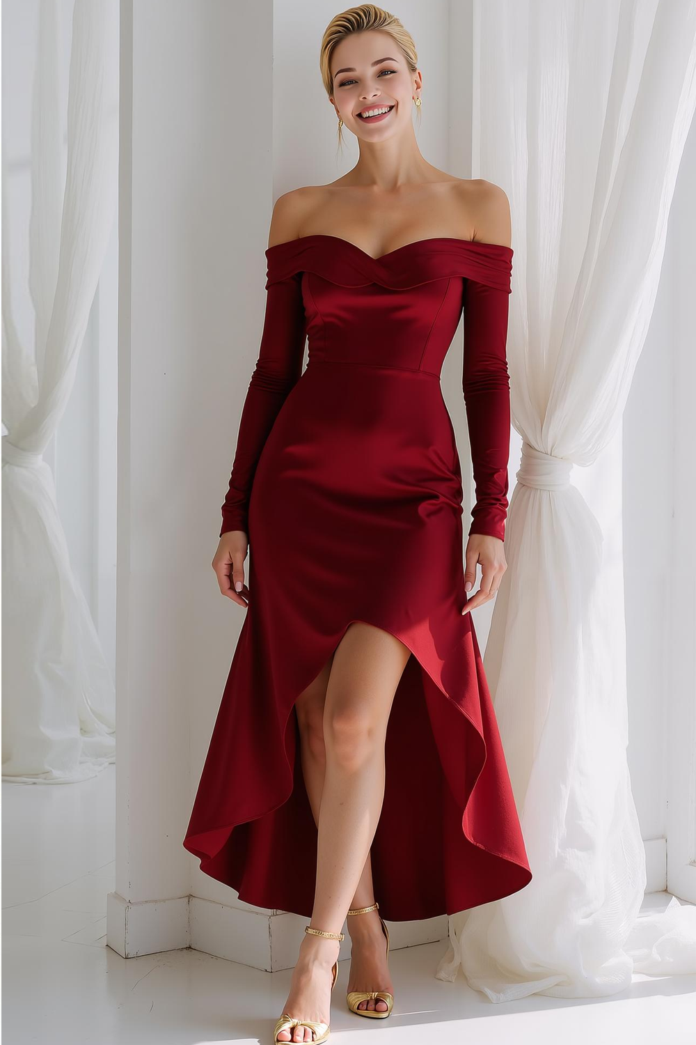 Modecrush A-Line Ivory Off the Shoulder Long Sleeves Wedding Guest Dress with Slit