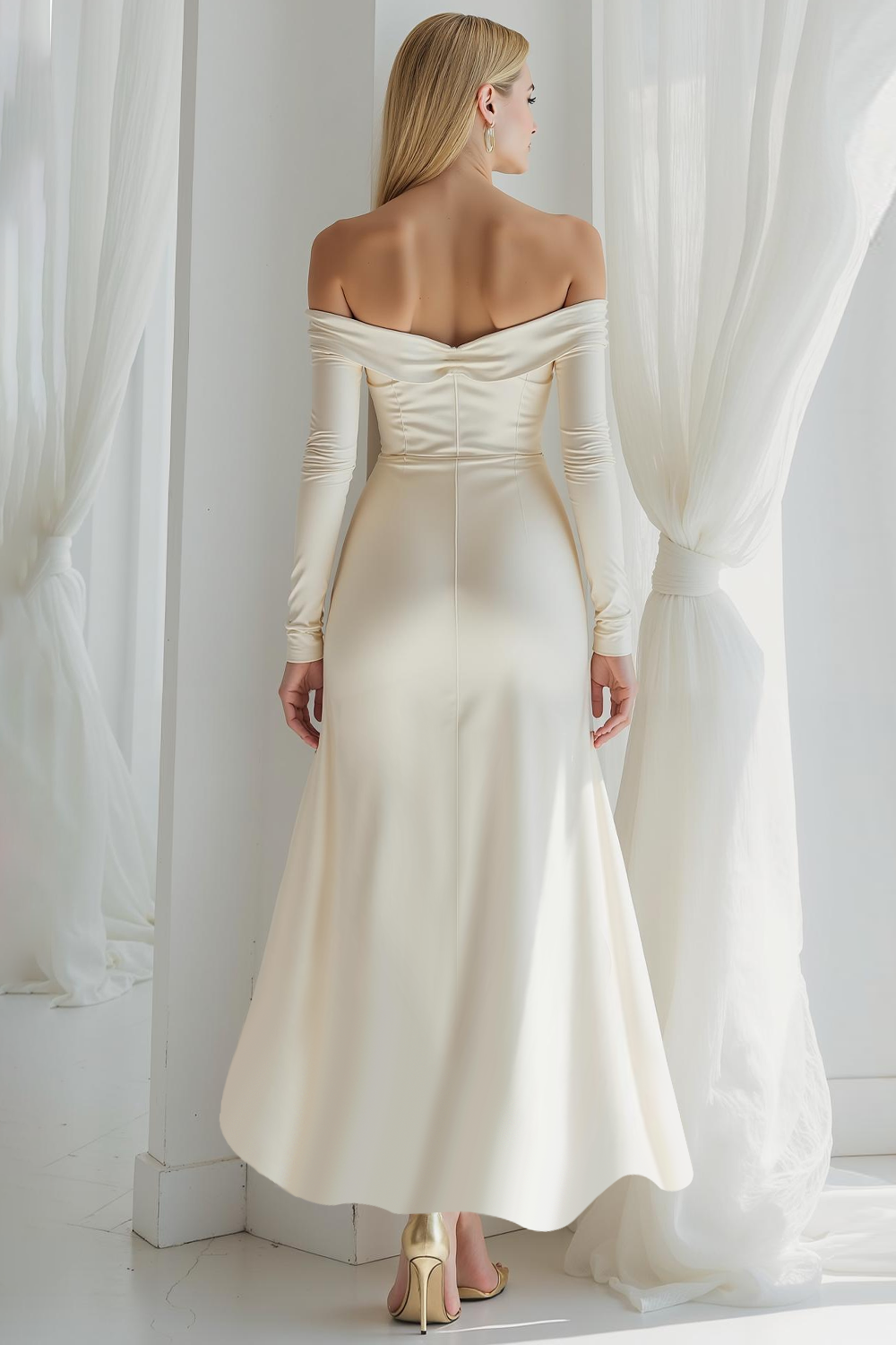 Modecrush A-Line Ivory Off the Shoulder Long Sleeves Wedding Guest Dress with Slit