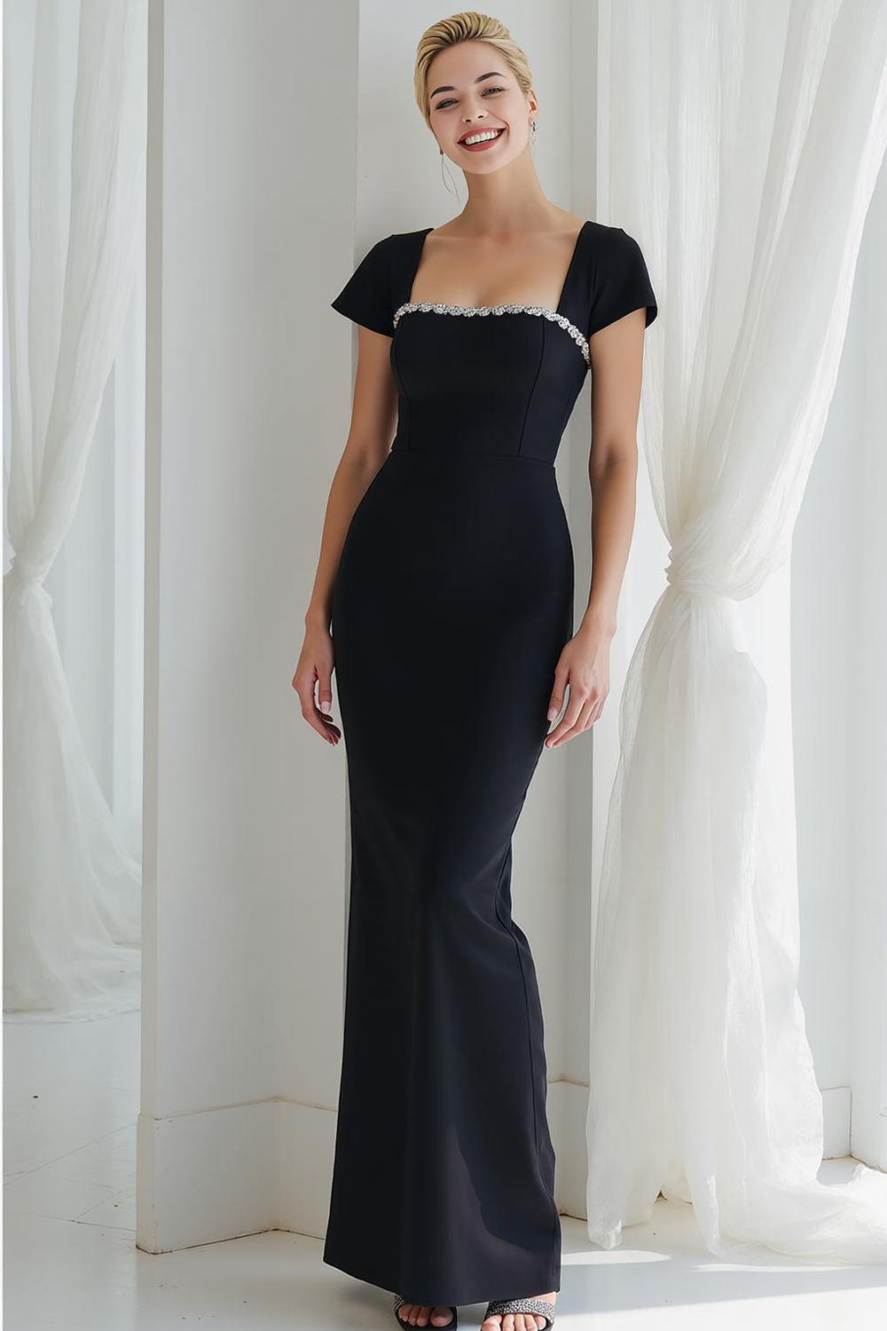 Modecrush Sheath Black Square Neck Cap Sleeves Formal Dress