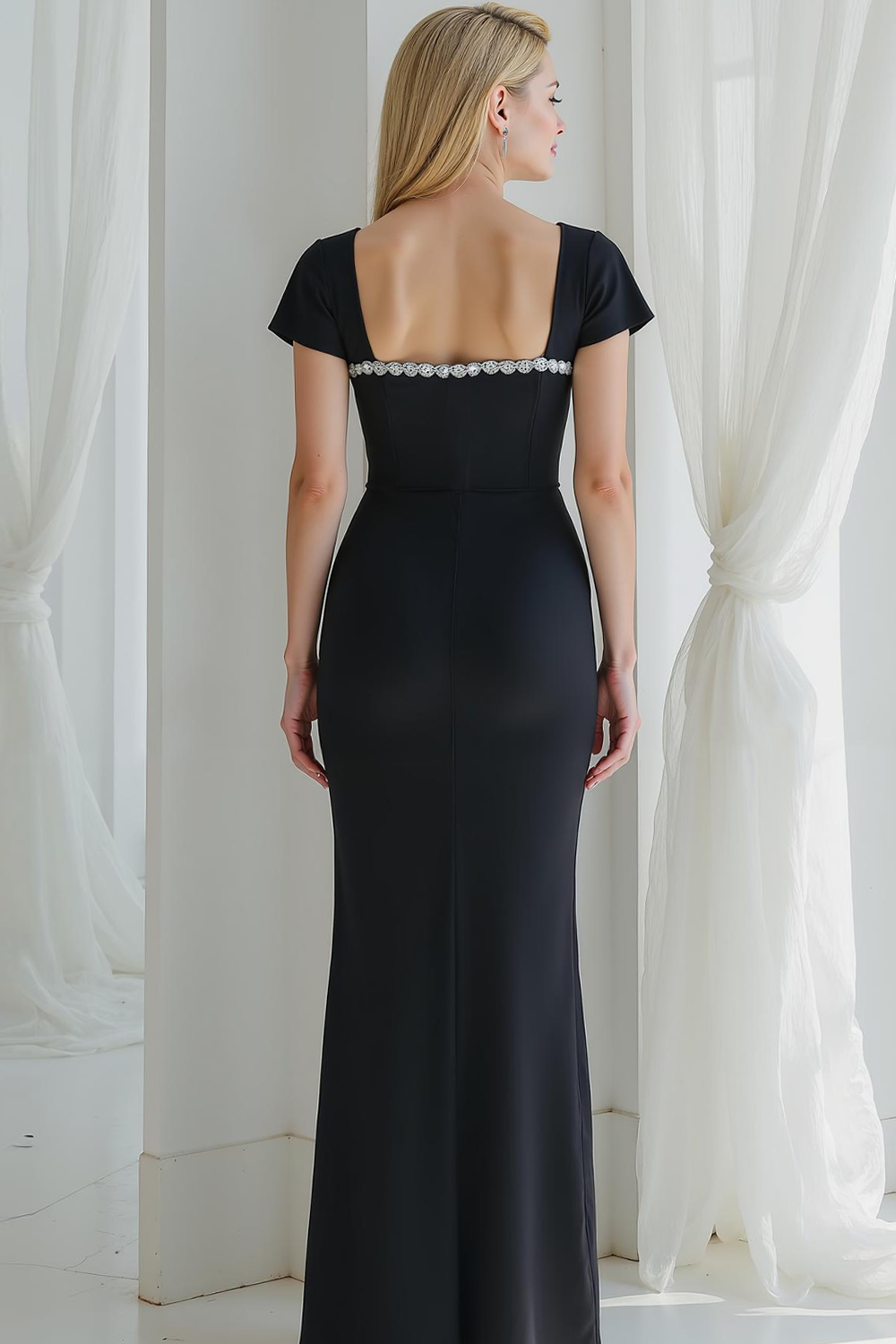Modecrush Sheath Black Square Neck Cap Sleeves Formal Dress