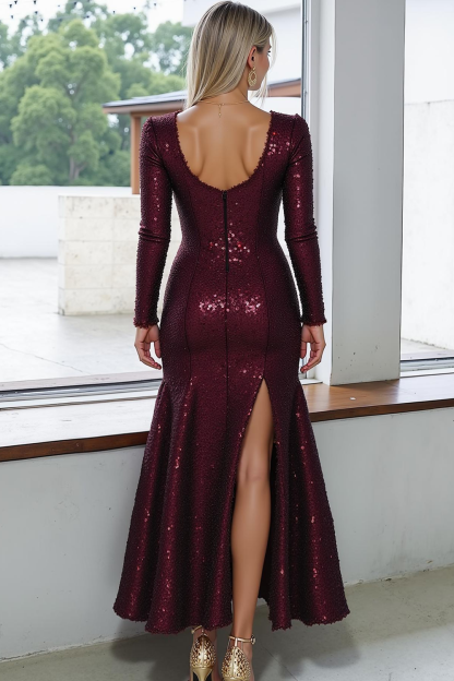 Modecrush Sparkly Sheath Cabernet Square Neck Long Sleeves Prom Dress with Slit