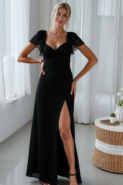 Modecrush A-Line Black V-Neck Long Formal Dress with Slit