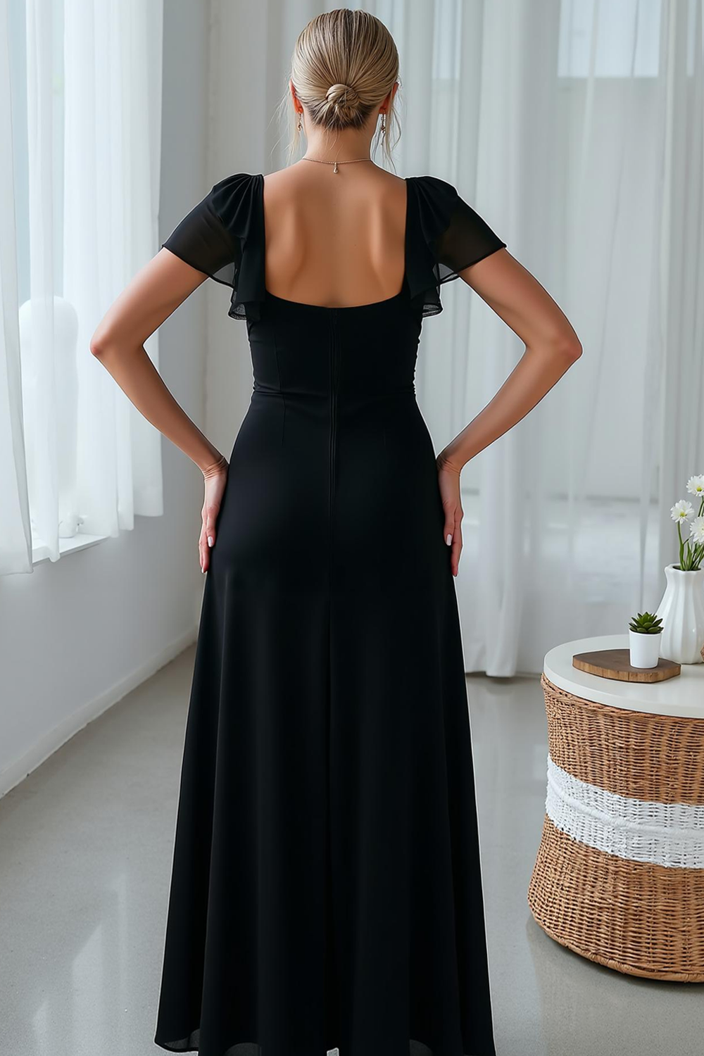 Modecrush A-Line Black V-Neck Long Formal Dress with Slit