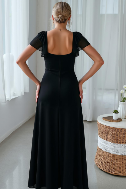 Modecrush A-Line Black V-Neck Long Formal Dress with Slit