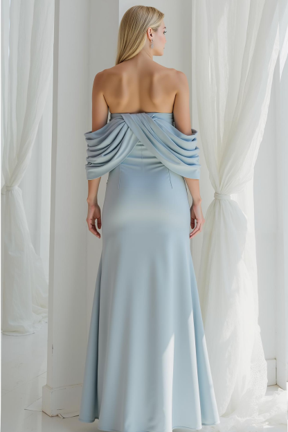 Modecrush Sky Blue Sheath Off the Shoulder Satin Long Formal Dress with Slit