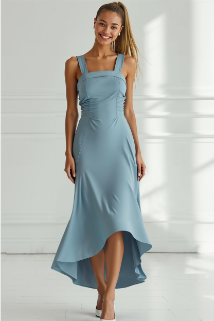 Modecrush Dusty Blue Sheath Square Neck Long Formal Dress 