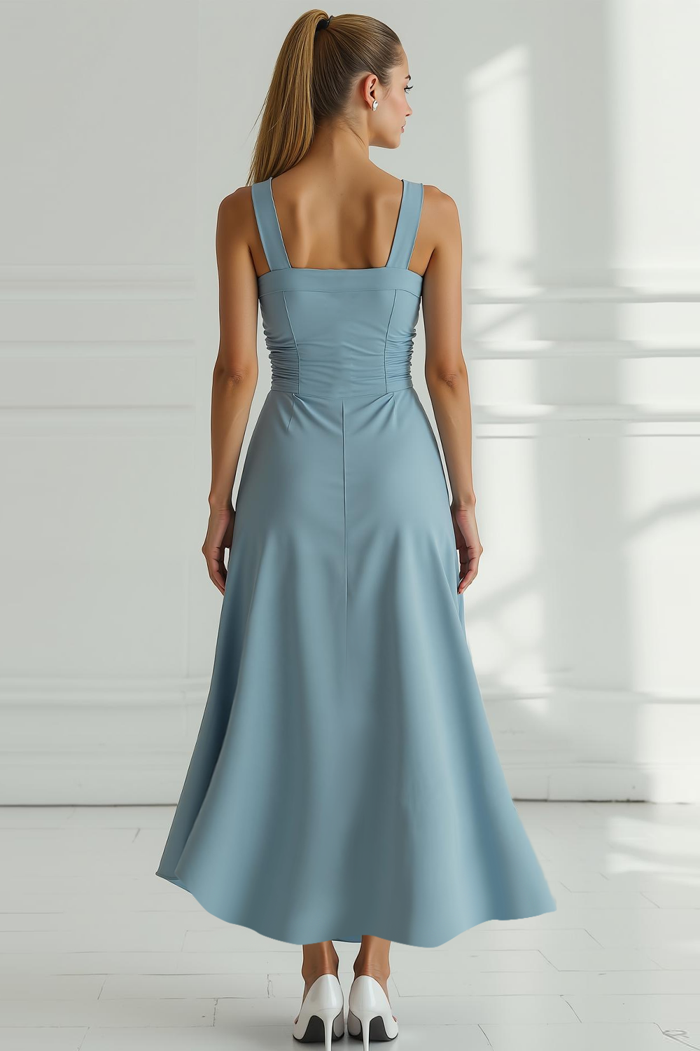 Modecrush Dusty Blue Sheath Square Neck Long Formal Dress 