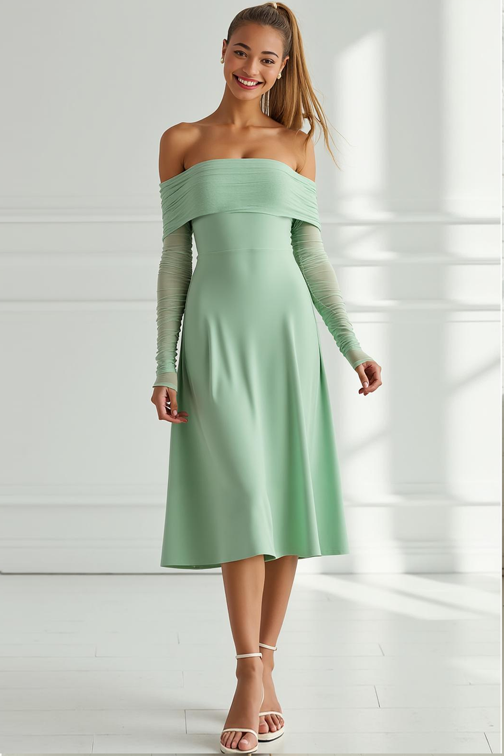 Modecrush Light Green Sheath Off the Shoulder Midi Formal Dress 