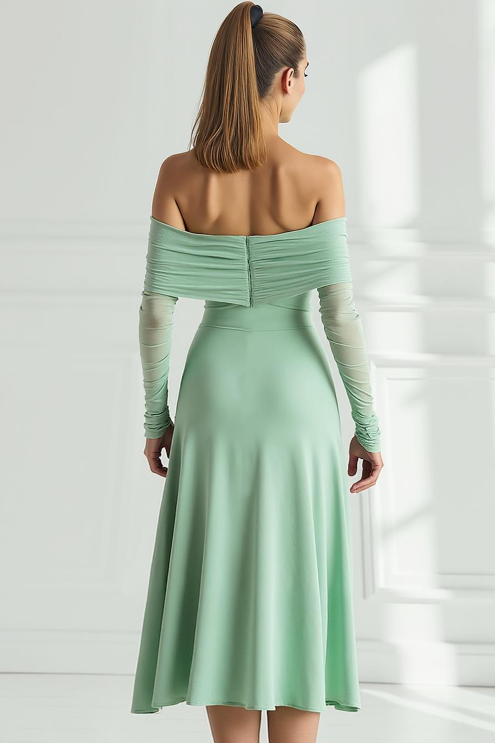 Modecrush Light Green Sheath Off the Shoulder Midi Formal Dress 
