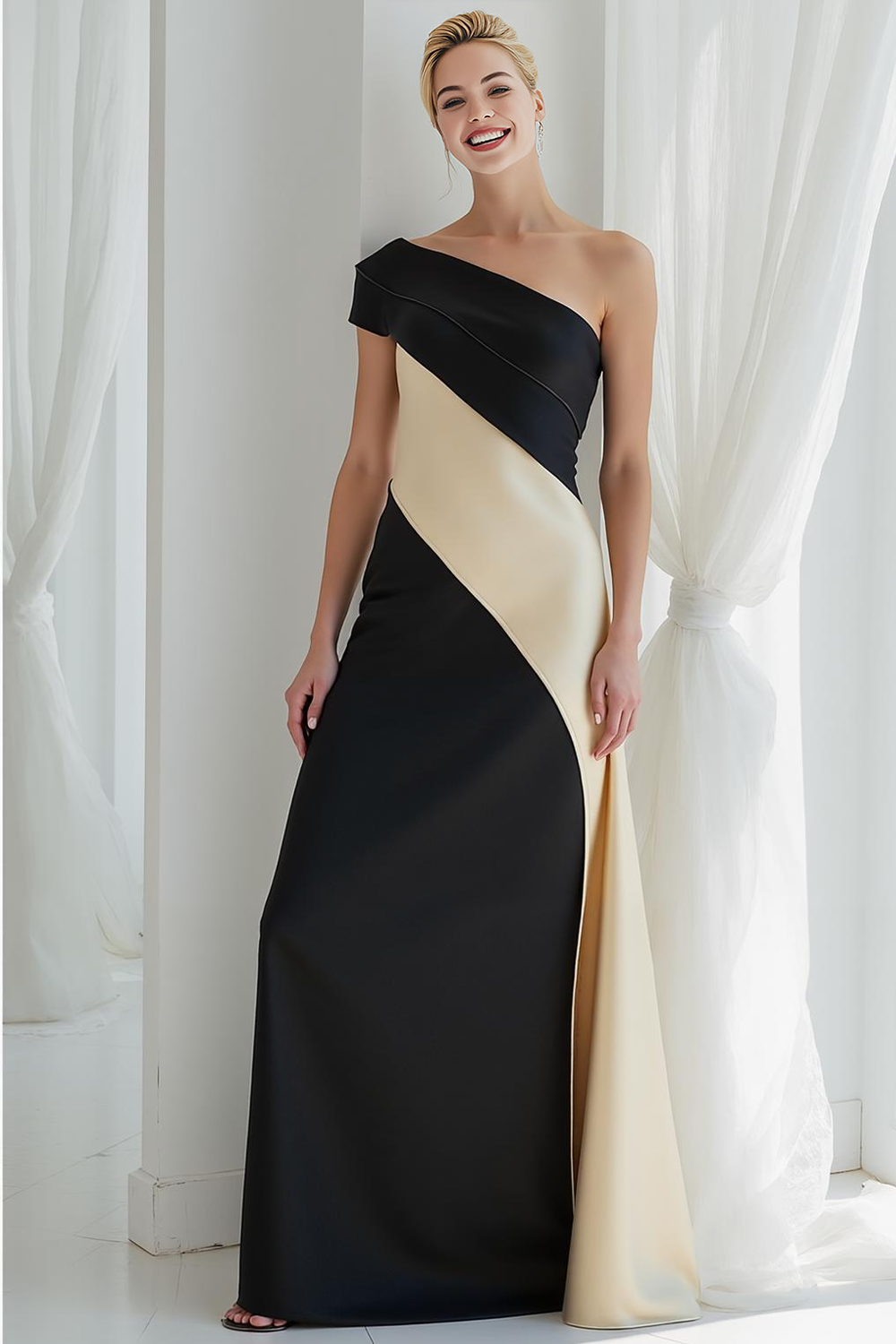 Modecrush Black&Ivory Sheath One Shoulder Splicing Satin Long Formal Dress 