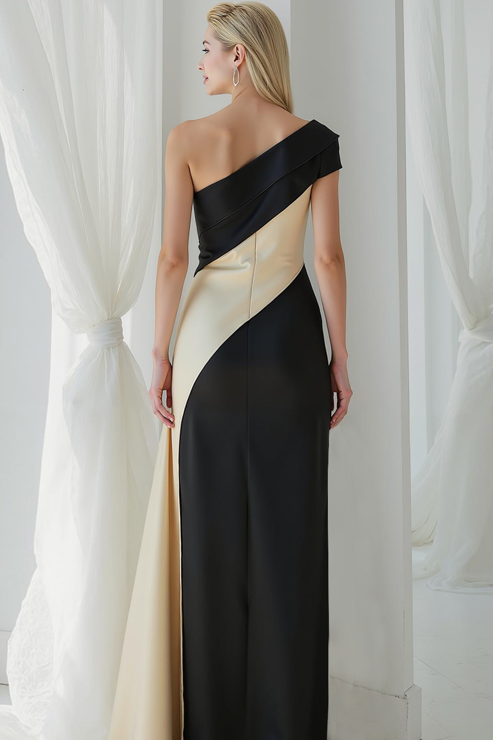 Modecrush Black&Ivory Sheath One Shoulder Splicing Satin Long Formal Dress 