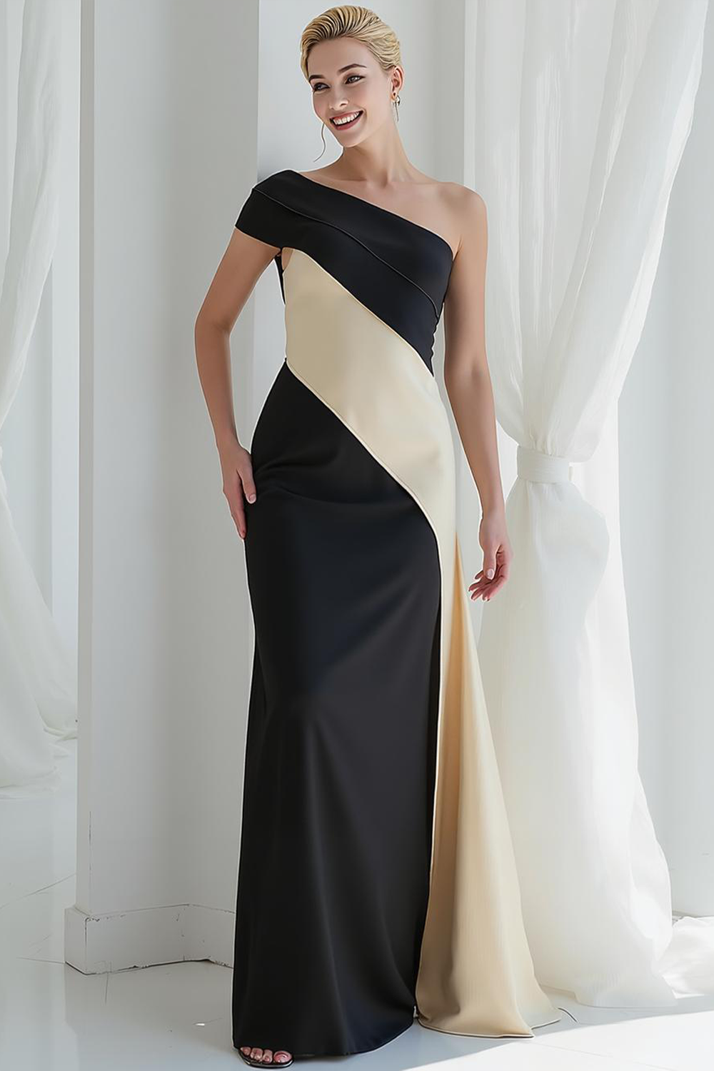 Modecrush Black&Ivory Sheath One Shoulder Splicing Satin Long Formal Dress 