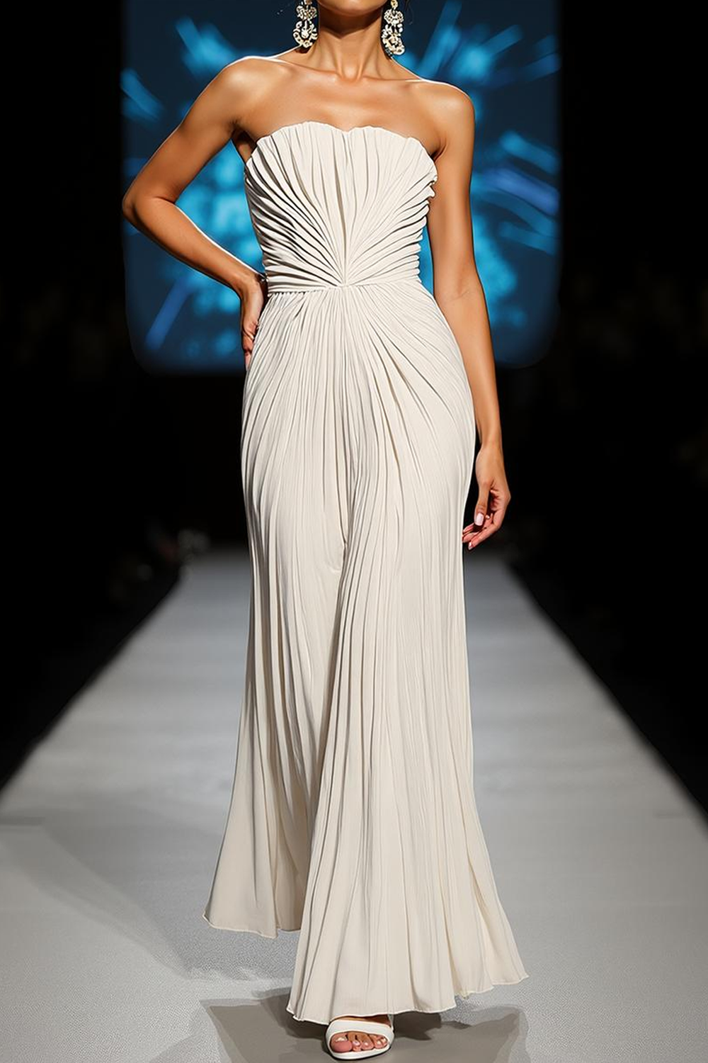 Modecrush White Sheath Strapless Pleated Long Formal Dress 