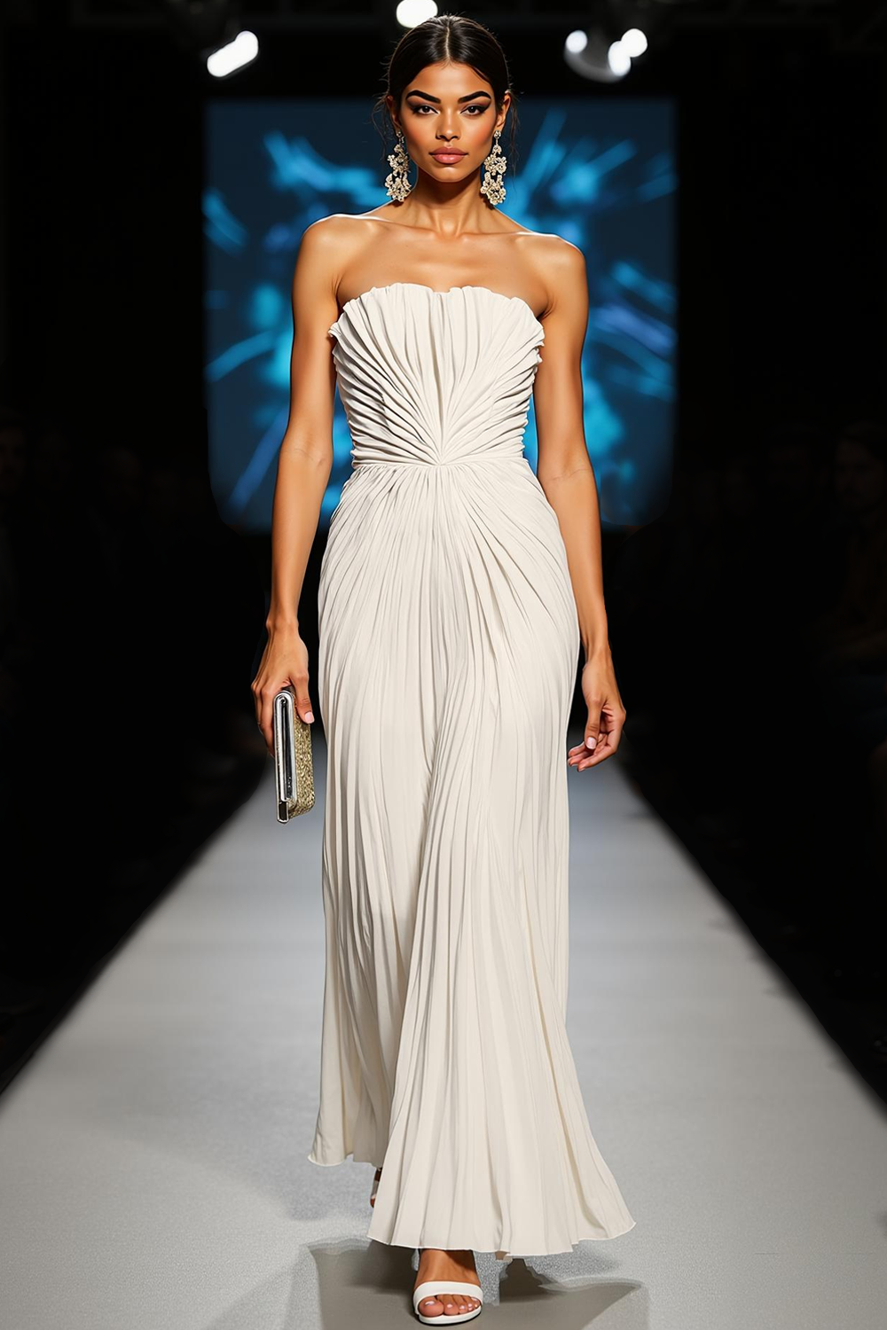 Modecrush White Sheath Strapless Pleated Long Formal Dress 