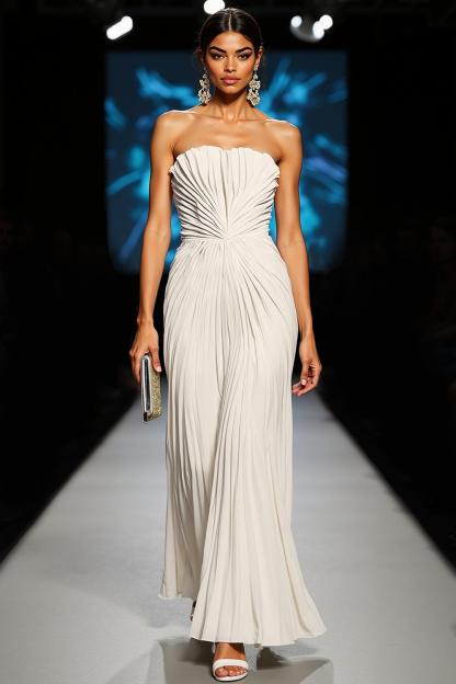 Modecrush White Sheath Strapless Pleated Long Formal Dress 