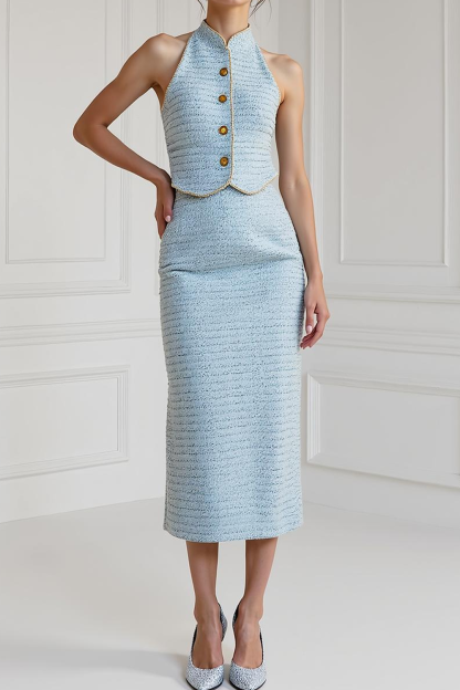 Modecrush Two Piece Light Blue Sheath Crew Neck Formal Dress 