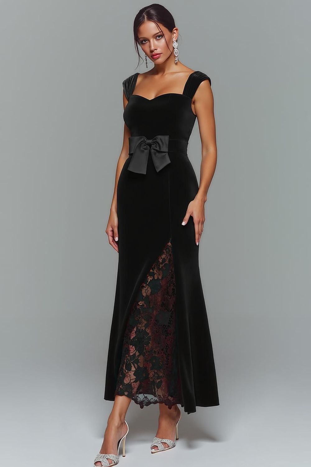 Modecrush Black Mermaid Square Neck Velvet Long Formal Dress with Bow