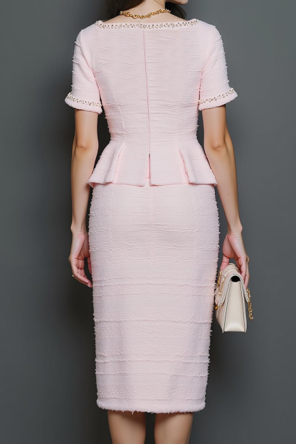 Modecrush Light Pink Sheath Square Neck Short Sleeves Formal Dress with Sequins