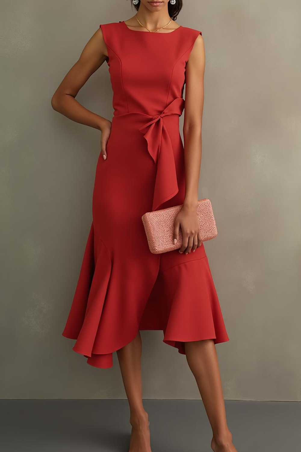 Modecrush Red A-Line Crew Neck Formal Dress with Ruffles