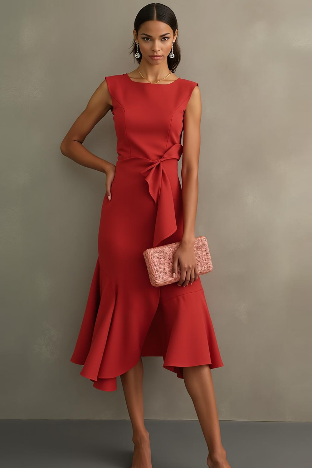 Modecrush Red A-Line Crew Neck Formal Dress with Ruffles