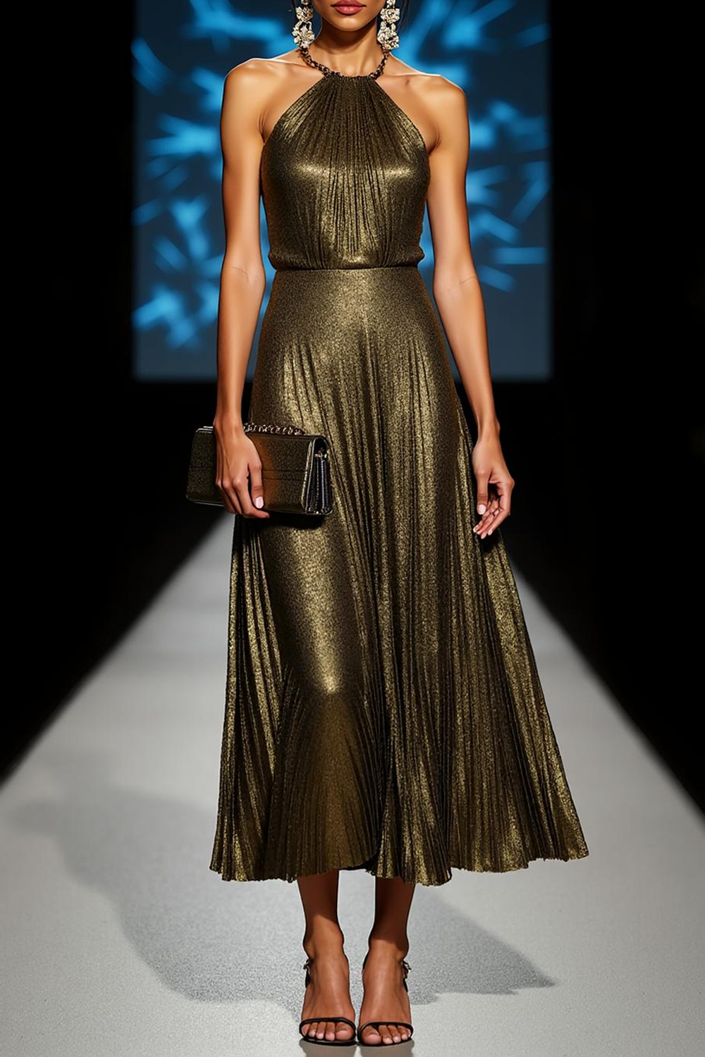 Modecrush Metallic Satin Olive A-Line Halter Pleated Formal Dress 