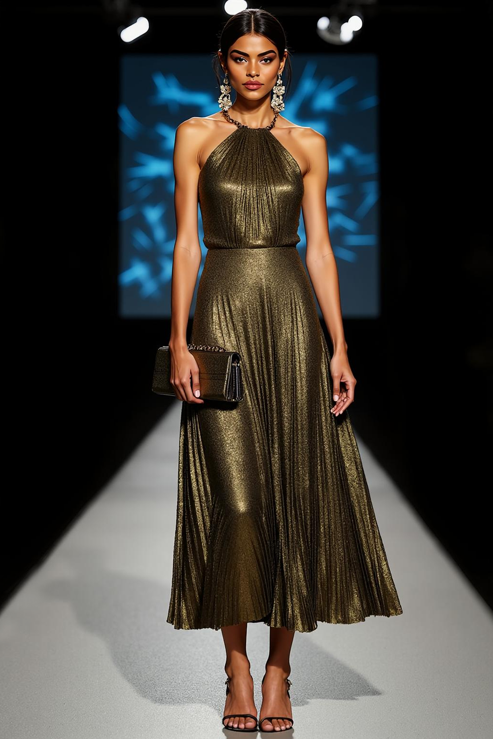 Modecrush Metallic Satin Olive A-Line Halter Pleated Formal Dress 