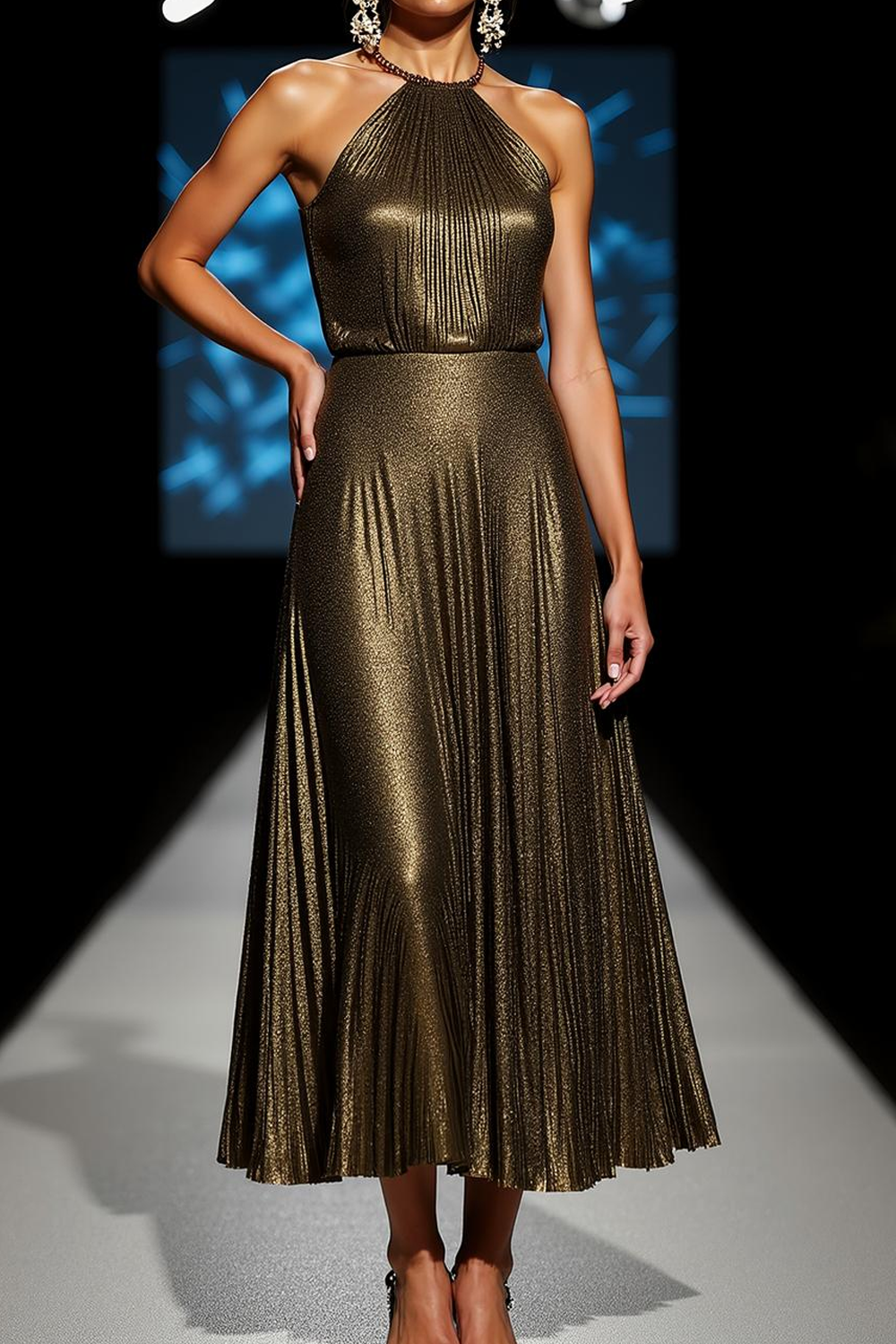 Modecrush Metallic Satin Olive A-Line Halter Pleated Formal Dress 