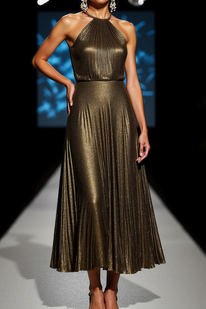 Modecrush Metallic Satin Olive A-Line Halter Pleated Formal Dress 