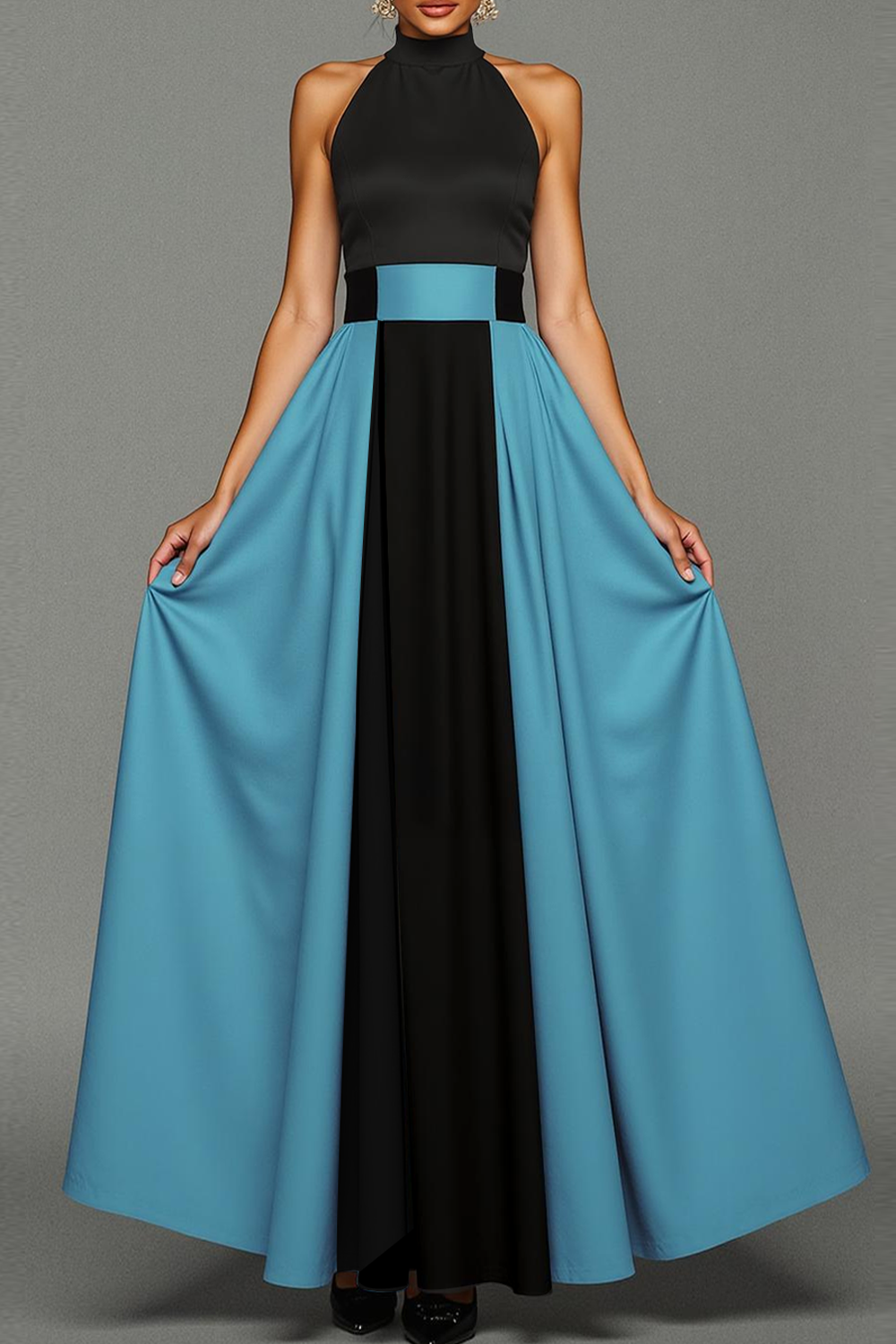 Modecrush Black&Blue A-Line Halter Splicing Long Formal Dress 