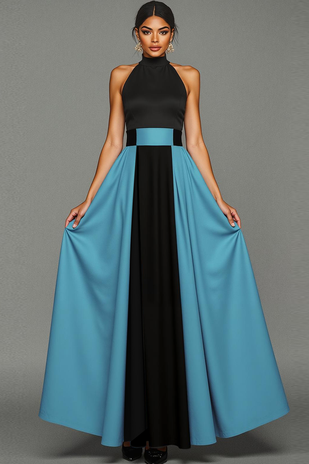 Modecrush Black&Blue A-Line Halter Splicing Long Formal Dress 