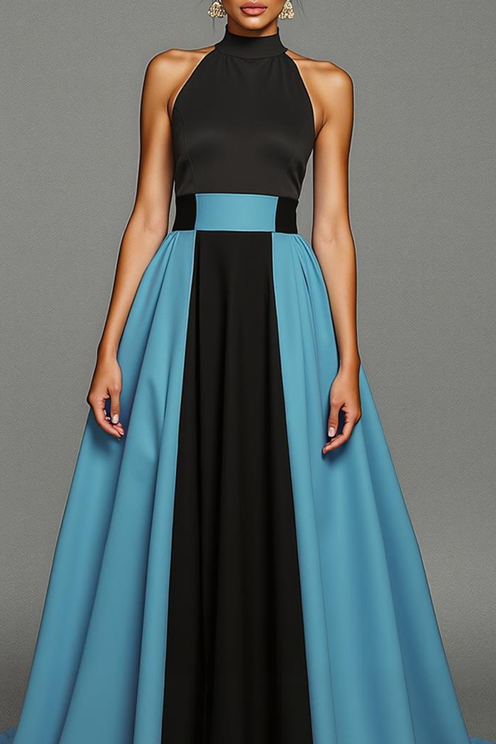 Modecrush Black&Blue A-Line Halter Splicing Long Formal Dress 