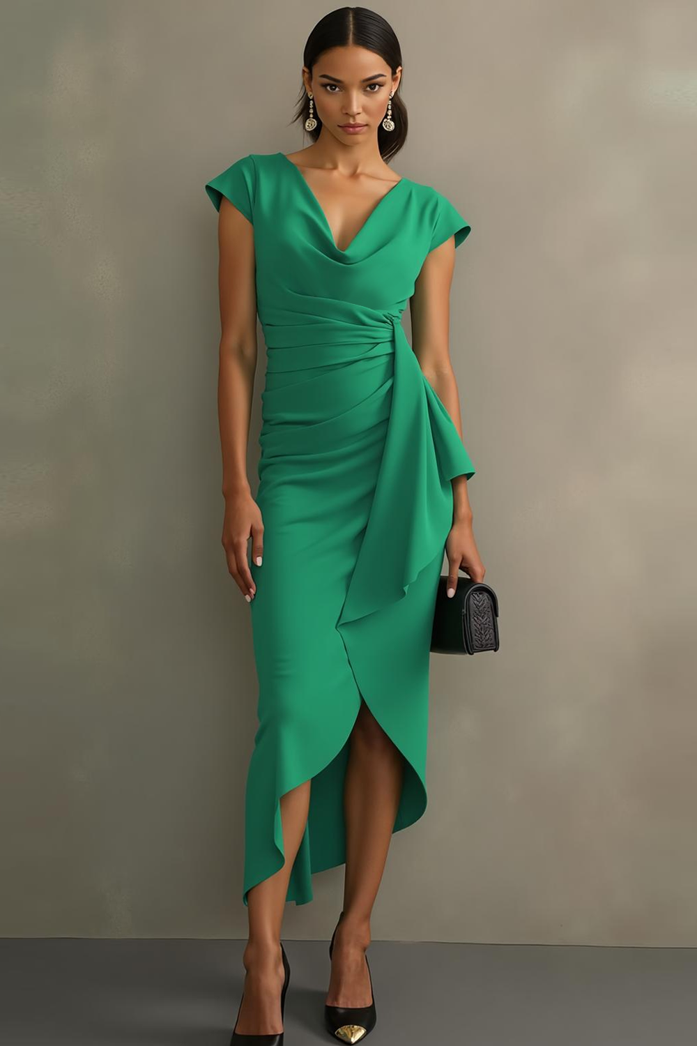 Modecrush Green Sheath V-Neck Asymmetrical Formal Dress with Slit 