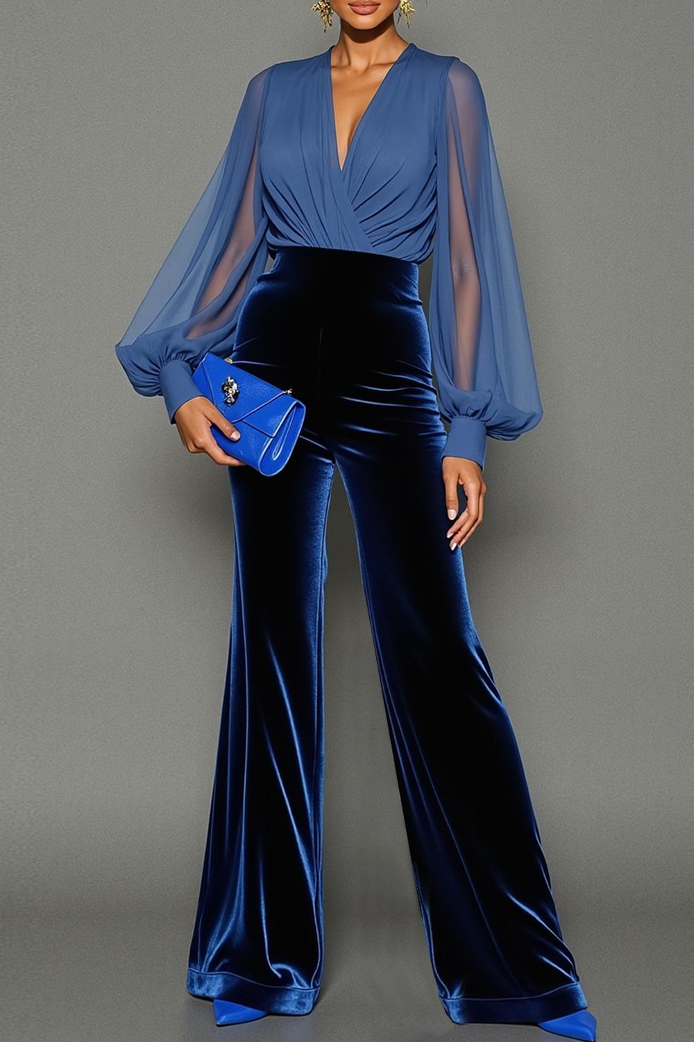 Modecrush Blue Two Piece V-Neck Long Sleeves Jumpsuit