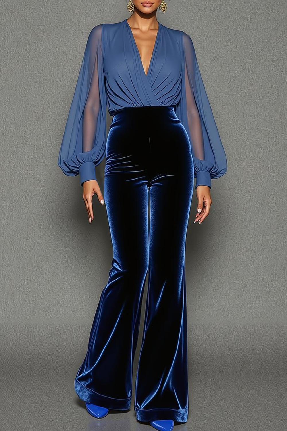 Modecrush Blue Two Piece V-Neck Long Sleeves Jumpsuit