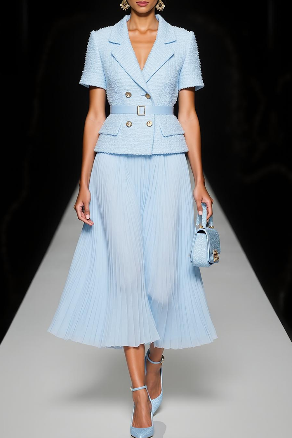 Modecrush A-Line Light Blue Shawl Lapel Short Sleeves Pleated Formal Dress 