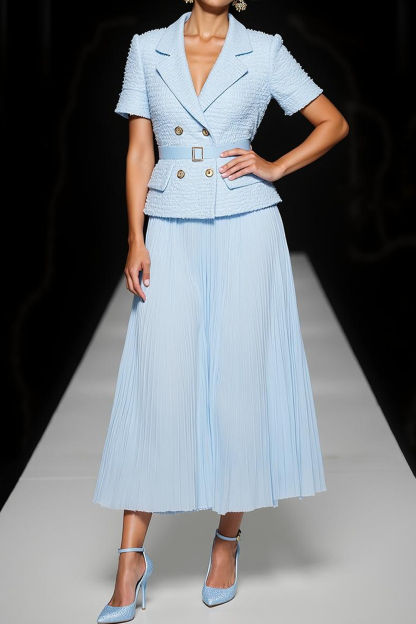 Modecrush A-Line Light Blue Shawl Lapel Short Sleeves Pleated Formal Dress 