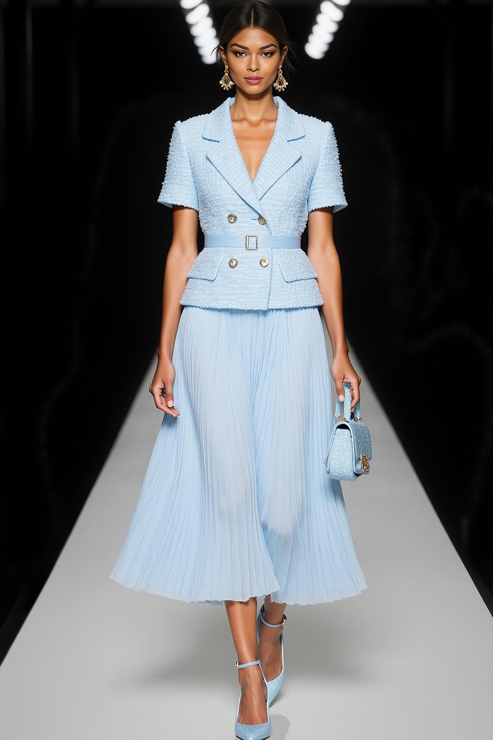 Modecrush A-Line Light Blue Shawl Lapel Short Sleeves Pleated Formal Dress 