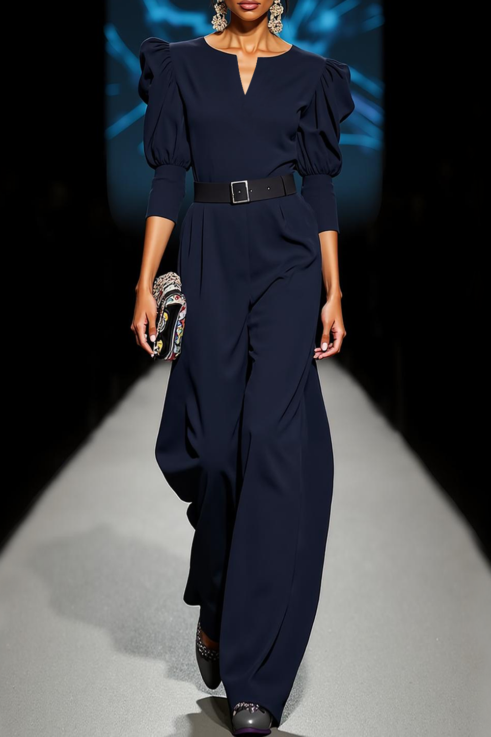 Modecrush Navy Two Piece Notch V-Neck Half Sleeves Jumpsuit with Belt