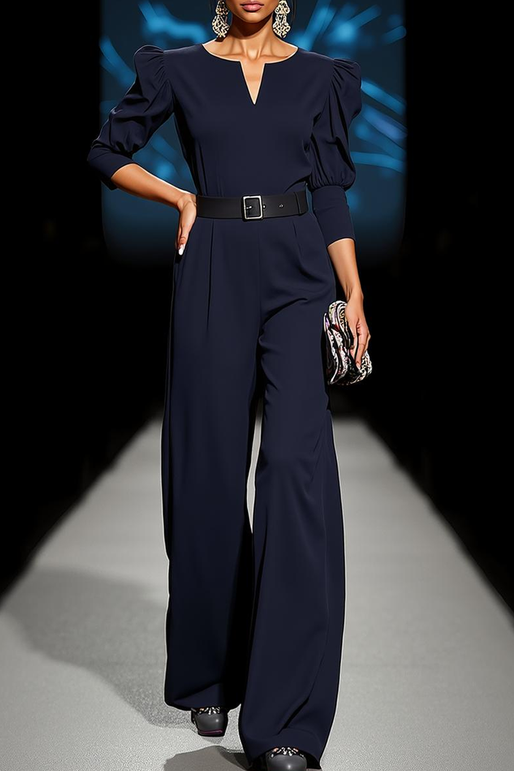 Modecrush Navy Two Piece Notch V-Neck Half Sleeves Jumpsuit with Belt