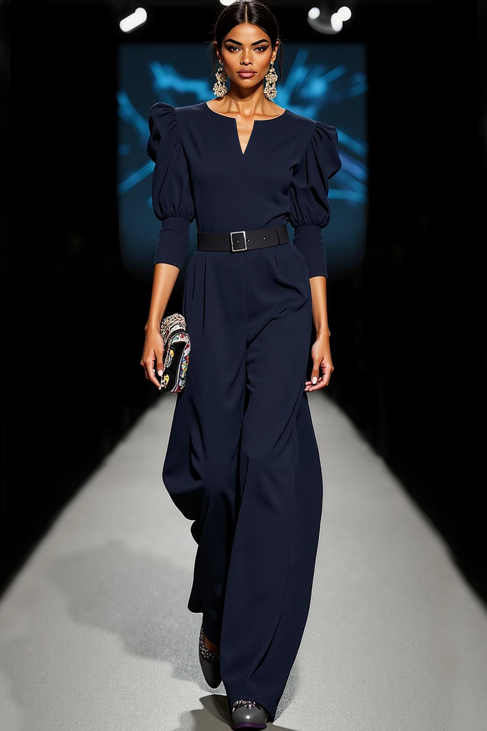 Modecrush Navy Two Piece Notch V-Neck Half Sleeves Jumpsuit with Belt