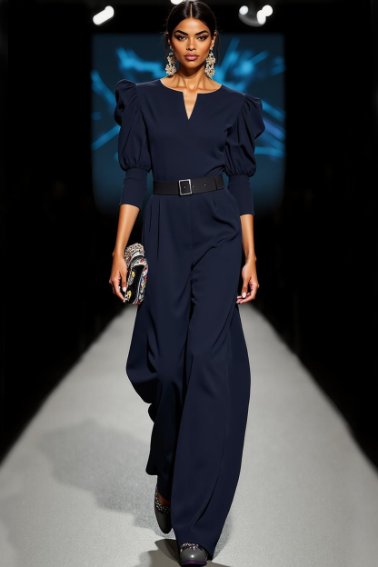 Modecrush Navy Two Piece Notch V-Neck Half Sleeves Jumpsuit with Belt