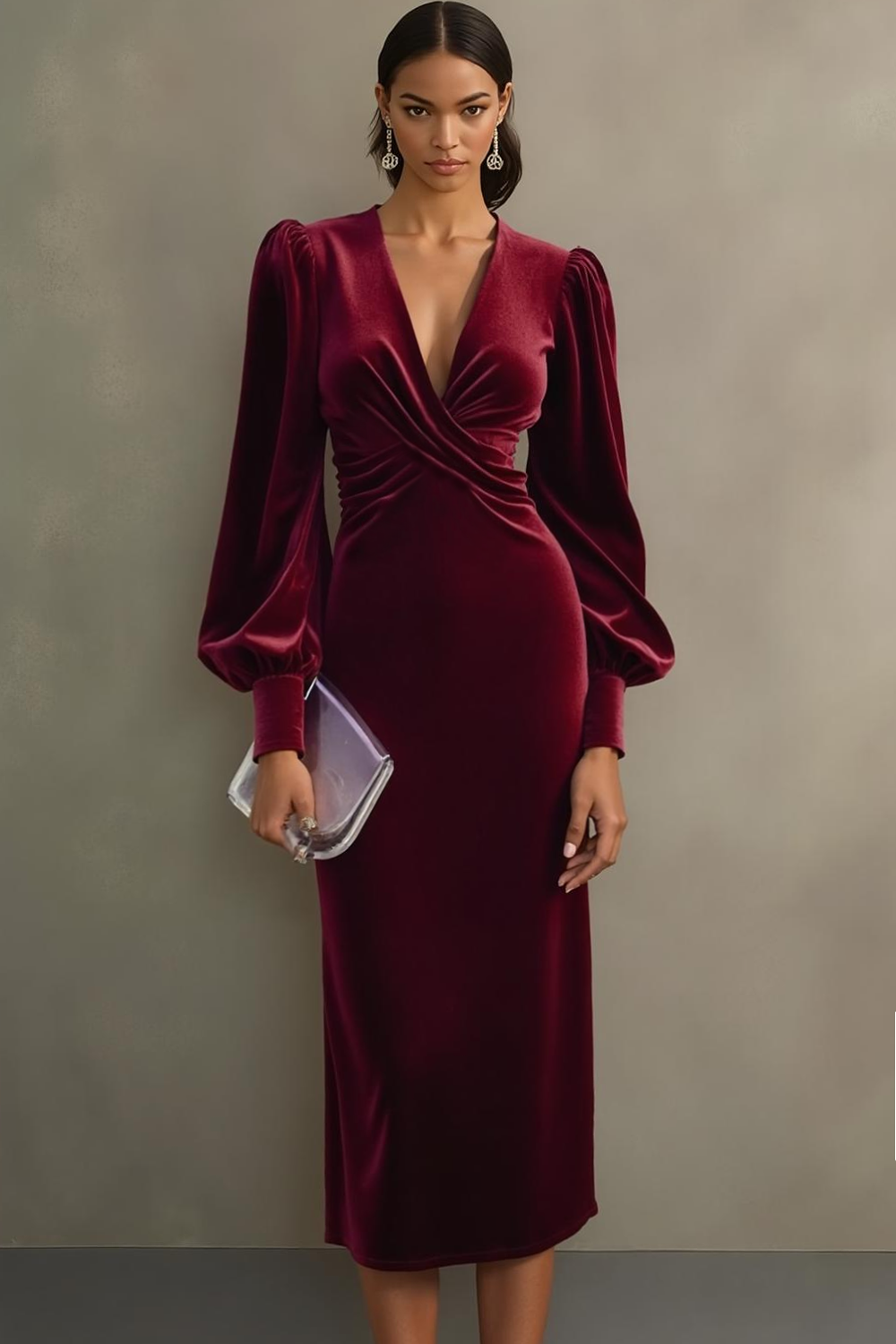 Modecrush Cabernet Sheath V-Neck Velvet Midi Formal Dress 