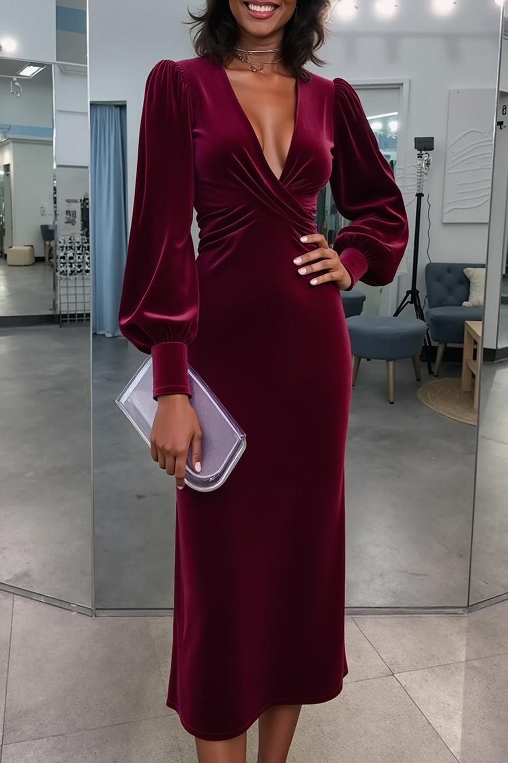 Modecrush Cabernet Sheath V-Neck Velvet Midi Formal Dress 