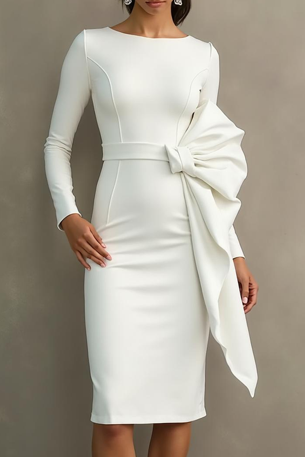 Modecrush Sheath White Crew Neck Long Sleeves Formal Dress with Sash