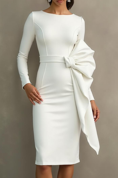 Modecrush Sheath White Crew Neck Long Sleeves Formal Dress with Sash