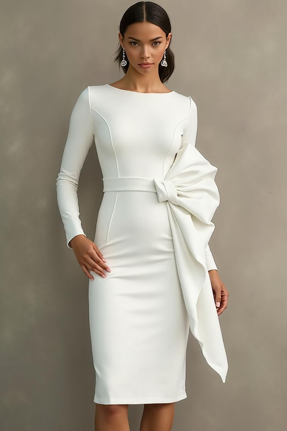 Modecrush Sheath White Crew Neck Long Sleeves Formal Dress with Sash